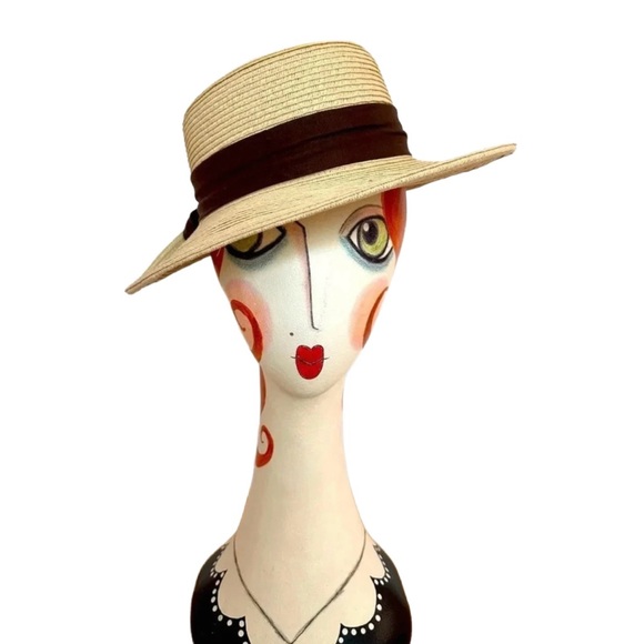 KALLINA ~ Women’s Neutral color beach or garden hat brown ribbon accent OS - Picture 5 of 8